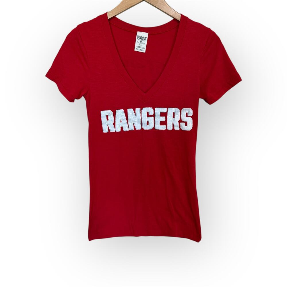 PINK Victoria's Secret Texas Rangers MLB T-Shirt Women's Red Sequin V-Neck
